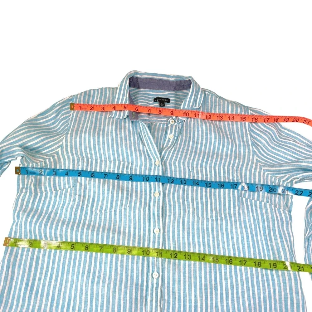 Talbots Large Blue Striped Linen Button Up Shirt Long Sleeve Coastal Preppy - Picture 6 of 8
